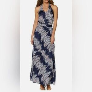Eva Longoria Navy Abstract Dot Print Halter Neck Maxi Dress Size XS